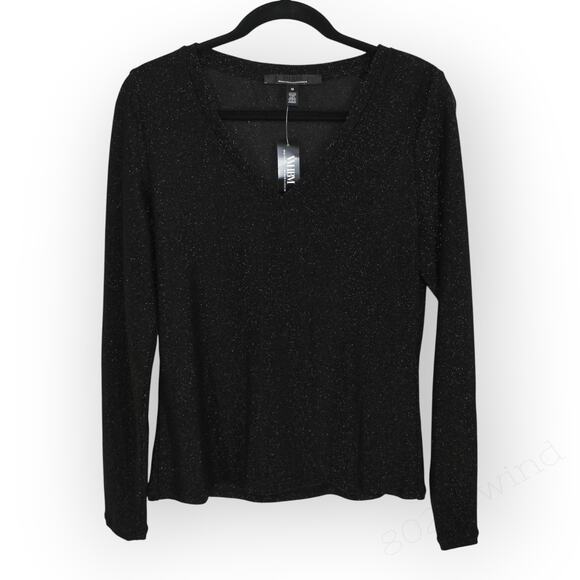 NEW Medium WHBM Long Sleeve Sparkle Knit Black Metallic V-Neck Stretch - Picture 5 of 9